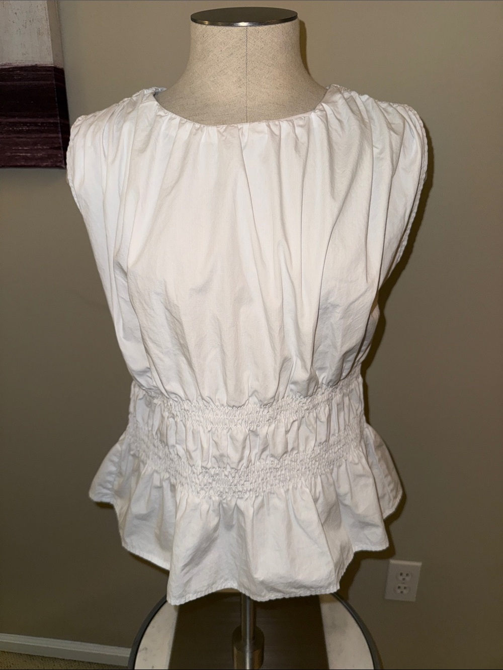 Calvin Klein White Smocked Waist Peplum Blouse
